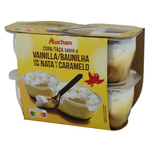 Alcampo AUCHAN Copa sabor vainilla con caramelo y nata 4 x 115 g. Producto Alcampo