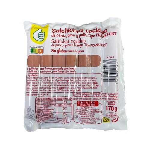 Alcampo AUCHAN ECONÓMICO Salchichas cocida de pavo y cerdo tipo Frankfurt y sabor ahumado Producto Económico Alcampo 170 g