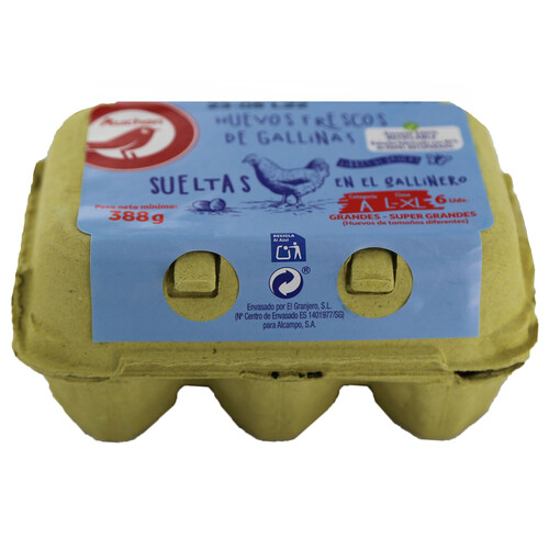 Alcampo AUCHAN Huevos de gallinas sueltas en el gallinero clase L - XL y cat. A 6 uds. Producto Alcampo