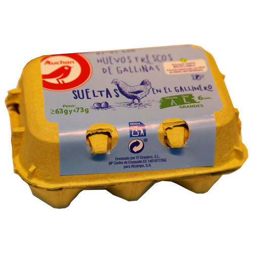 Alcampo AUCHAN Huevos de gallinas sueltas en el gallinero clase L y cat. A 6 uds. Producto Alcampo