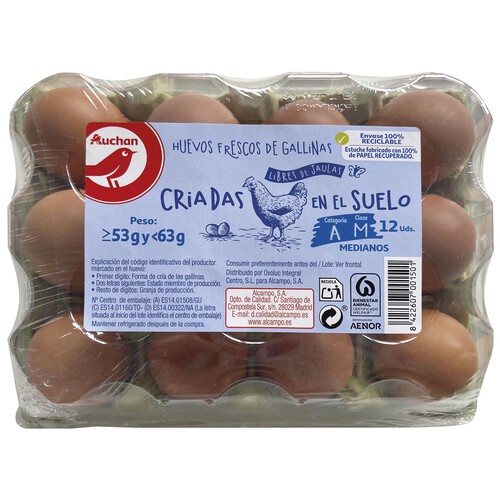 Alcampo AUCHAN Huevos de gallinas sueltas en el gallinero clase M y cat. A 12 uds. Producto Alcampo