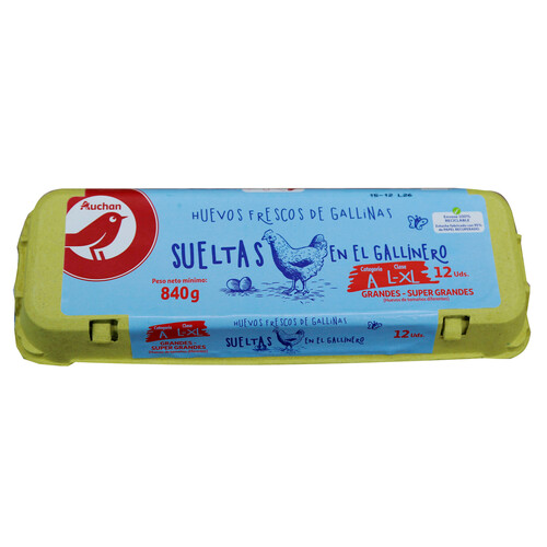 Alcampo AUCHAN Huevos de gallinas sueltas en el gallinero clase L - XL y cat. A 12 uds. Producto Alcampo