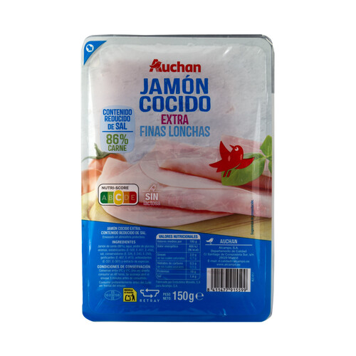 Alcampo AUCHAN Jamón cocido extra con contenido reducido en sal cortado en finas lonchas 150 g. Producto Alcampo