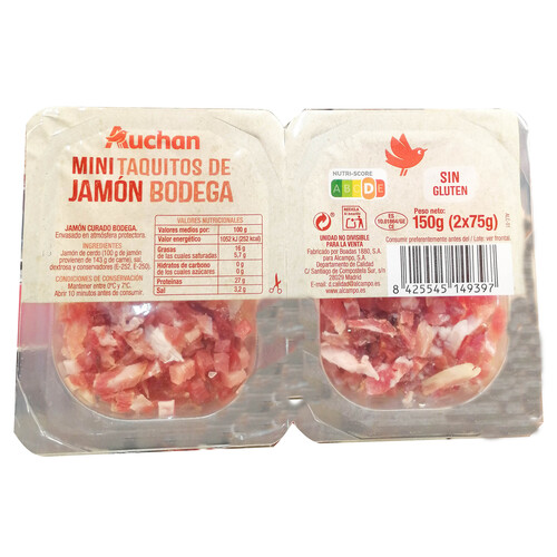 Alcampo AUCHAN Jamón curado en bodega cortado en mini taquitos 2 x 75 g. Producto Alcampo