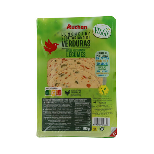 Alcampo AUCHAN Loncheado vegetariano a base de clara de huevo con verduras y aceitunas Veggie 100 g. Producto Alcampo