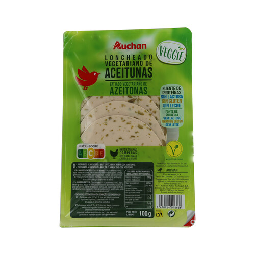 Alcampo AUCHAN Loncheado vegetariano a base de clara de huevo con aceitunas Veggie 100 g. Producto Alcampo