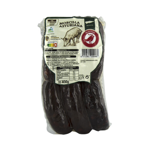 Alcampo AUCHAN Morcillas Asturianas (ahumadas) elaboradas sin gluten ni derivados lacteos Selección 400 g. Producto Alcampo