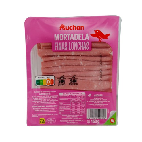 Alcampo AUCHAN Mortadela sin gluten y sin lactosa cortada en finas lonchas 150 g. Producto Alcampo