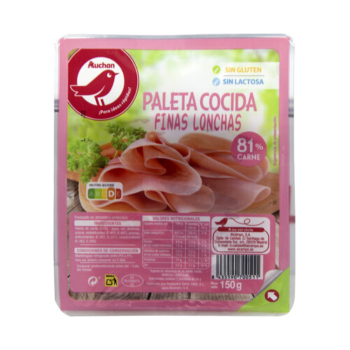 Alcampo AUCHAN Paleta de cerdo cocida y cortada en finas lonchas 150 g. Producto Alcampo