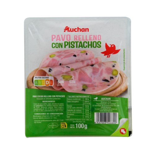 Alcampo AUCHAN Pavo cocido relleno con pistachos sin gluten y sin lactosa 100 g. Producto Alcampo