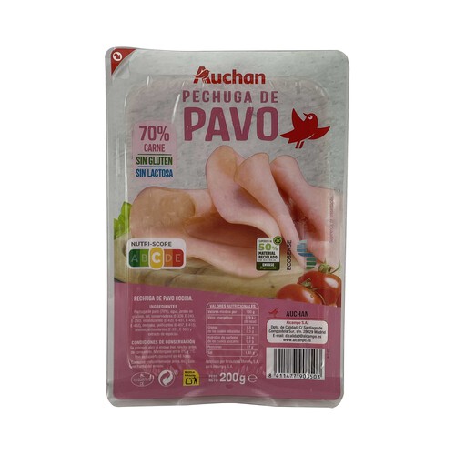 Alcampo AUCHAN Pechuga cocida de pavo sin gluten y sin lactosa y cortadas en lonchas 200 g. Producto Alcampo