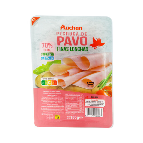 Alcampo AUCHAN Pechuga de pavo (70% carne) cocida y cortada en finas lonchas 150 g. Producto Alcampo