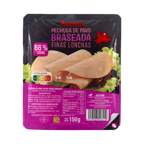 Alcampo AUCHAN Pechuga de pavo braseada cortada en lonchas finas 150 g. Producto Alcampo