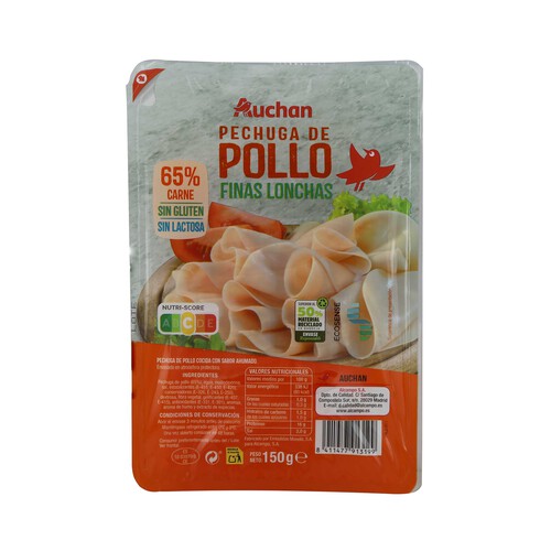 Alcampo AUCHAN Pechuga de pollo cocida con sabor ahumado cortada en finas lonchas 150 g. Producto Alcampo