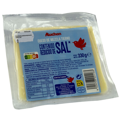 Alcampo AUCHAN Queso tierno mezcla (vaca y cabra) con contenido reducido en sal 330 g. Producto Alcampo