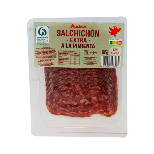 Alcampo AUCHAN Salchichón a la pimienta de categoria extra sin gluten y cortado en lonchas 150 g. Producto Alcampo