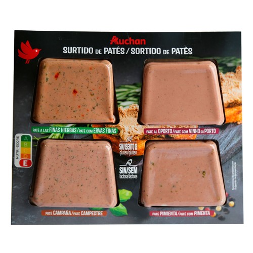 Alcampo AUCHAN Tabla de patés (pimienta finas hierbas al Oporto y de campaña 4 x 75 g. Producto Alcampo