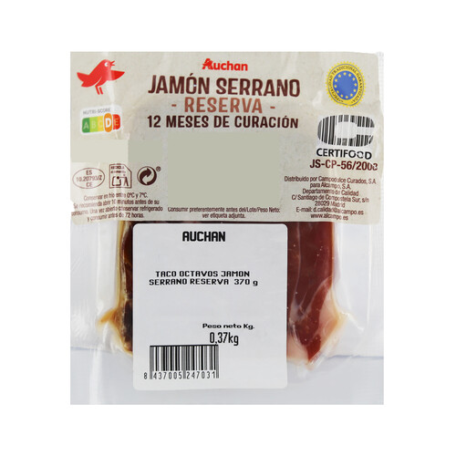 Alcampo AUCHAN Taco de jamón serrano reserva (12 meses de curación) 370 g. Producto Alcampo
