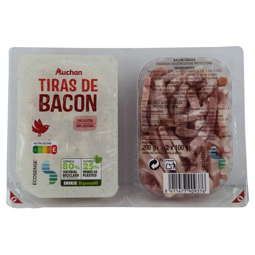 Alcampo AUCHAN Tiras de bacon cocido elaboradas sin gluten ni lactosa 2 x 100 g. Producto Alcampo