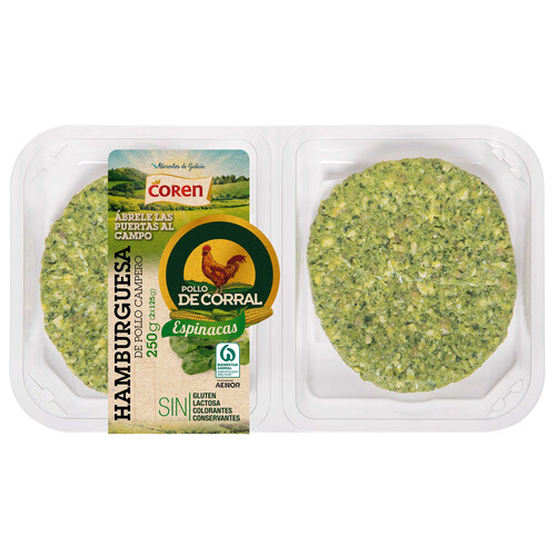 Alcampo Bandeja con hamburguesas de pollo de corral con espinacas COREN 2 x 125 g