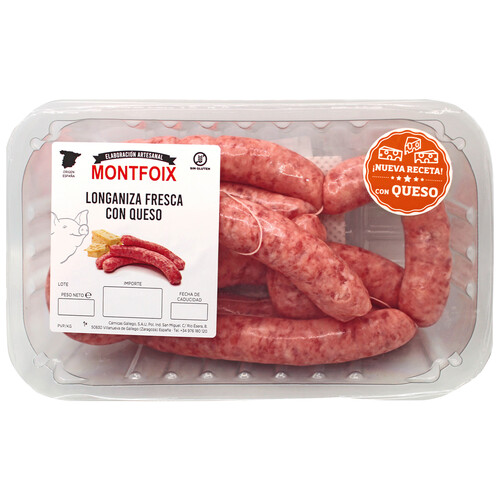 Alcampo Bandeja con longanizas frescas de cerdo con queso elaboradas sin gluten MONTFOIX