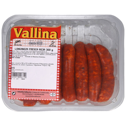 Alcampo Bandeja de longaniza roja fresca elaborada sin gluten y sin lactosa VALLINA