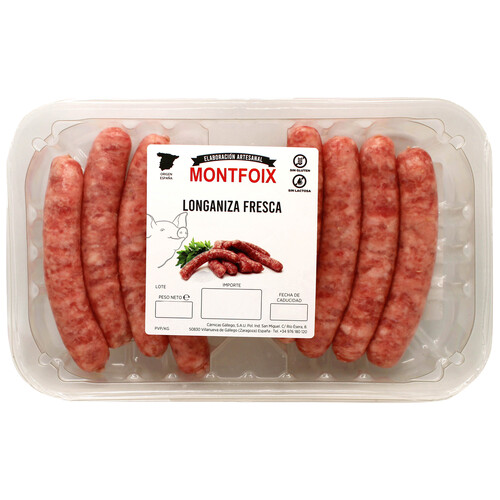 Alcampo Bandeja de longanizas frescas de cerdo tipo salchichas elaboradas sin gluten ni lactosa MONTFOIX
