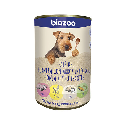 Alcampo BIAZOO Alimentación para perro en lata con sabor a paté de ternera con arroz integral boniato y guisantes 395 g