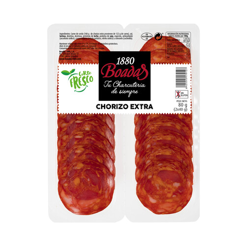 Alcampo BOADAS Chorizo de categoria extra sin gluten cortado en lonchas BOADAS 2 x 40 g