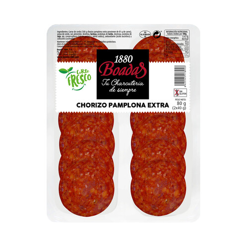 Alcampo BOADAS Chorizo de Pamplona de categoria extra sin gluten y cortado en lonchas BOADAS 2 x 40 g