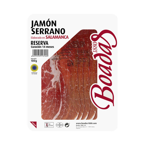 Alcampo BOADAS Jamón curado reserva (curación de 14 meses) cortado en cómodas lonchas BOADAS 100 g