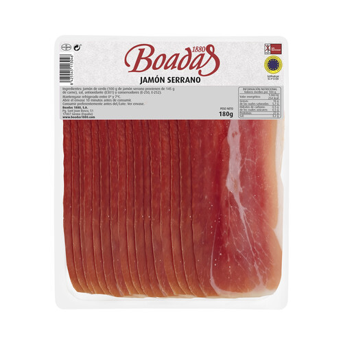 Alcampo BOADAS Jamón serrano curado cortado en lonchas con separador BOADAS 180 g