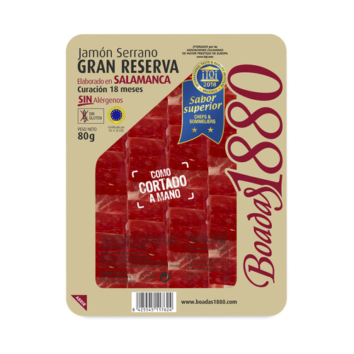 Alcampo BOADAS Jamón serrano gran reserva con curación de 18 meses y cortado en finas lonchas BOADAS 1880 80 g