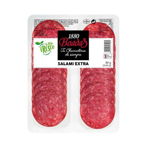 Alcampo BOADAS Salami de categoria extra sin gluten y cortado en finas lonchas BOADAS 2 x 40 g