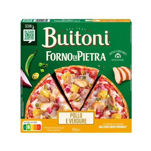 Alcampo BUITONI Forno de pietra Pizza de pollo vegetales y queso Mozzarella con masa fina y crujiente 350 g