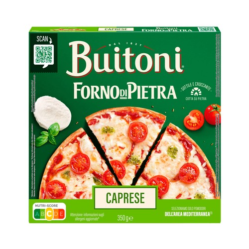 Alcampo BUITONI Forno di piertra Pizza Caprese (Tomate cherry mozzarella y pesto) con masa fina y crujiente 350 g