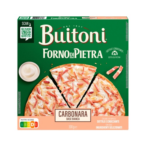 Alcampo BUITONI Forno di piertra Pizza con bacon cebolla y crema de leche (Salsa carbonara) con masa fina y crujiente 300 g