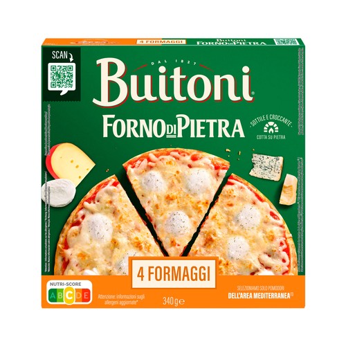 Alcampo BUITONI Forno di pietra Pizza 4 quesos (Emmental Mozarella curado y azul) con masa fina y crujiente 340 g