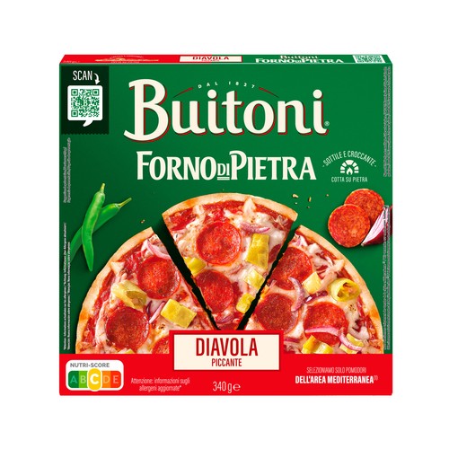 Alcampo BUITONI Forno di pietra Pizza diavola (picante) con pepperoni guindillas y masa fina y crujiente 340 g