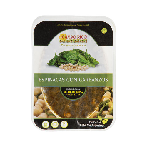 Alcampo CAMPO RICO Espinacas con garbanzos sin gluten listas para calentar y comer CAMPO RICO 250 g