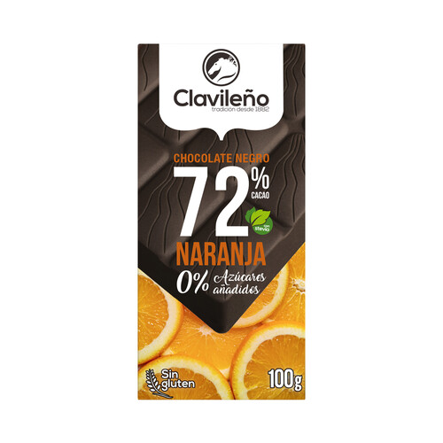 Alcampo CLAVILEÑO Chocolate extrafino puro 72% cacao y naranja con Estevia 100 g