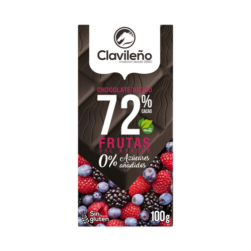 Alcampo CLAVILEÑO Chocolate negro extrafino 72% cacao y frutas del bosque con stevia 100 g