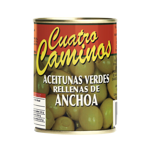 Alcampo CUATRO CAMINOS Aceitunas verdes varidad Manzanilla finas rellenas de anchoa CUATRO CAMINOS 120 g