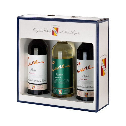 Alcampo CUNE Estuche con botellas de vino tinto crianza con DOC Rioja y botella de vino blanco con DO Rueda CUNE
