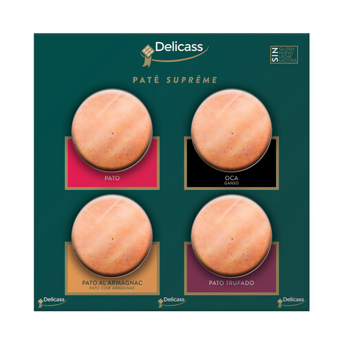 Alcampo DELICASS Surtido de 4 patés de 70 g (pato oca pato al armagnac y pato trufado) DELICASS Paté supréme