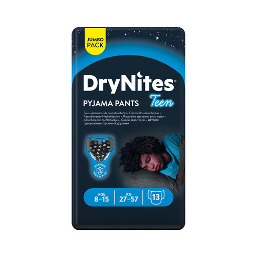 Alcampo DRYNITES Pañales de noche (calzoncillos absorbentes) talla 8 para niños de 27 a 57 kilogramos DRYNITES Pyjama pants teen 13 uds