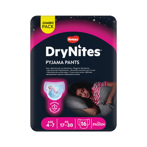 Alcampo DRYNITES Pañales de noche talla 7 (braguitas absorbentes) para niñas de 17 a 30 kilogramos y de 4 a 7 años DRYNITES Pijama pants 16 uds