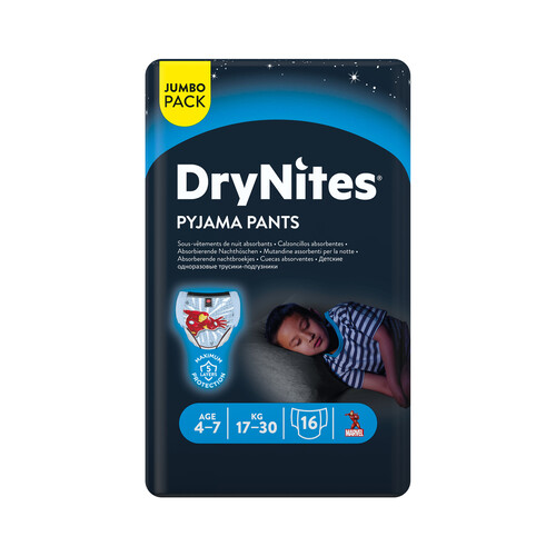 Alcampo DRYNITES Pañales de noche talla 7 (calzoncillos absorbentes) para niños de 17 a 30 kilogramos y de 4 a 7 años DRYNITES Pijama pants 16 uds