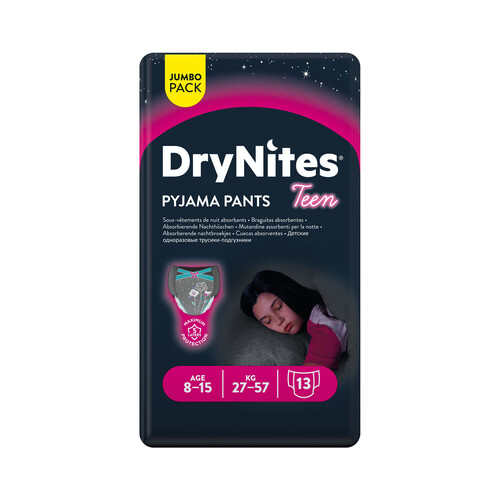 Alcampo DRYNITES Pañales de noche talla 8 (braguitas absorbentes) para niñas de 27 a 57 kilogramos y de 8 a 15 años DRYNITES Pijama pants teen 13 uds