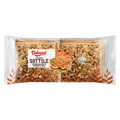 Alcampo DULCESOL Pan Sottile Pan de molde con cereales y semillas 8 uds. 310 g
